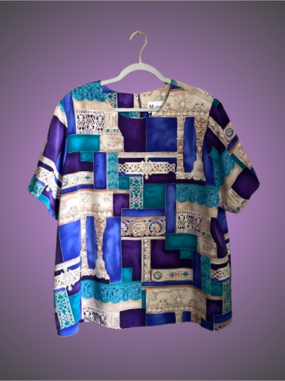 Vintage Maggie Sweet shortsleeve “Gothic color” patterned top w/ shoulderpads